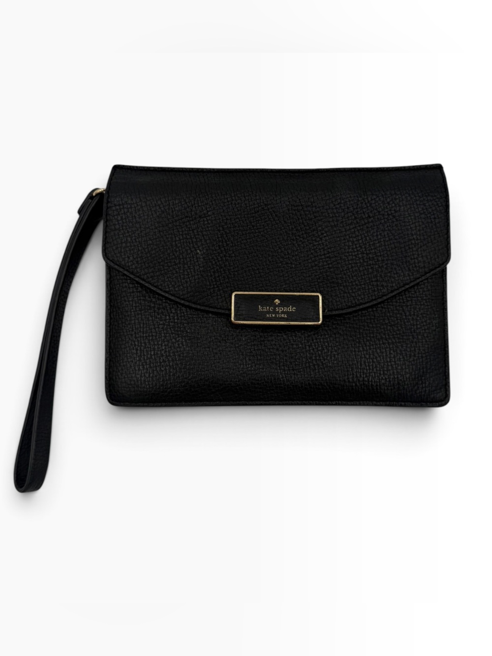 Kate Spade Black Pebbled Leather Envelope Wristlet Clutch Detachable Strap